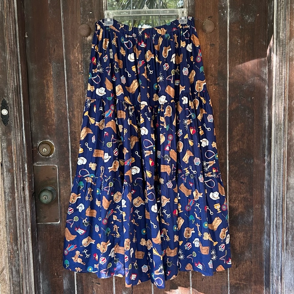 VINTAGE Western Style Lucia Lukken Mixed Print Cotton Broomskirt Skirt, Medium
